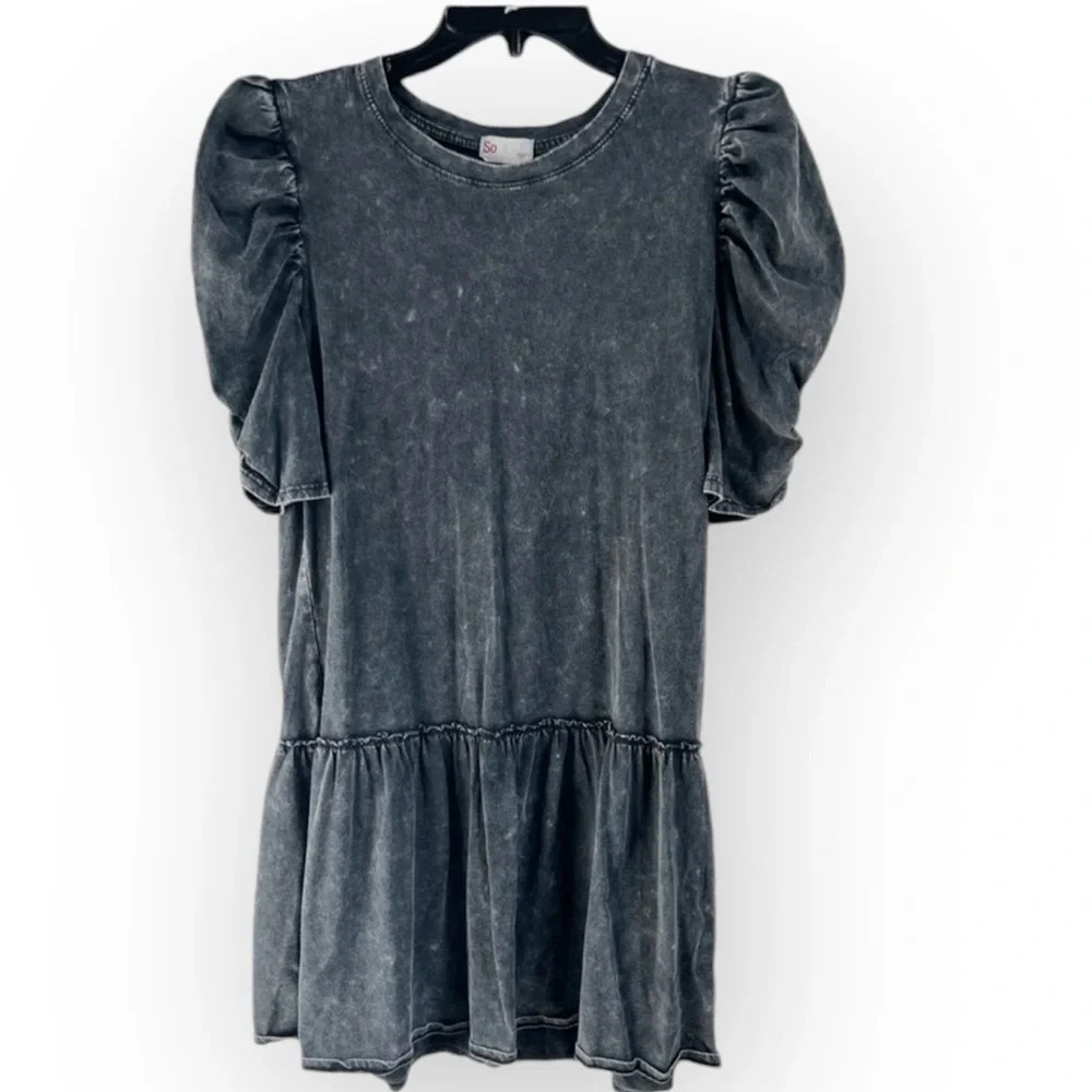 SO Black Acid Wash Cotton Dress Drop Waist Puff Elbow Sleeves NEW Size L